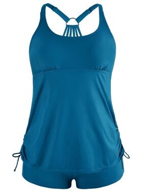 Blue Scoop Neck One-Piece Swimdress with Strappy Back